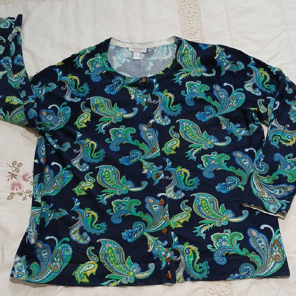 Charter Club Blue and Green Paisley Cardigan
